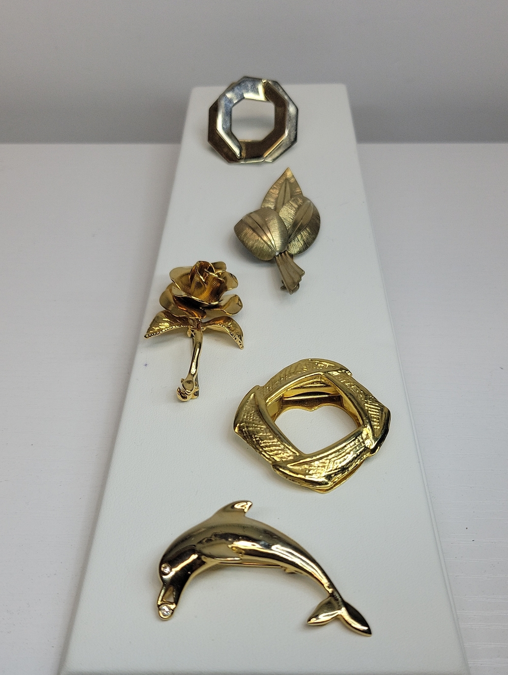 Gold Tone Assorted Brooch Pin Set - Floral, Dolphin & Geometric